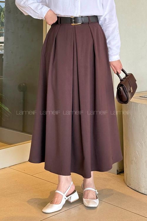 Lamelif Poliviskon Kemerli Etek Kahverengi