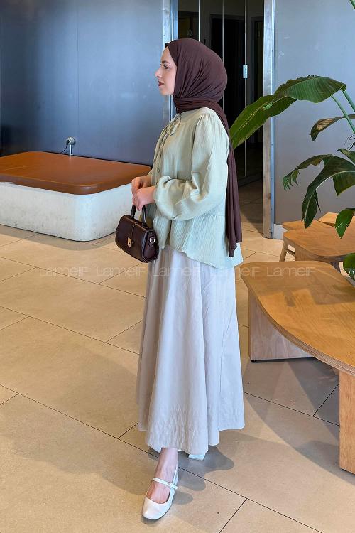 Lamelif V Yaka Kolları Lastikli Müslin Tesettür Gömlek Çağla Yeşili