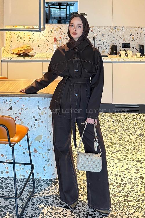 Lamelif Denim Ceket-Pantolon İkili Takım Kahverengi