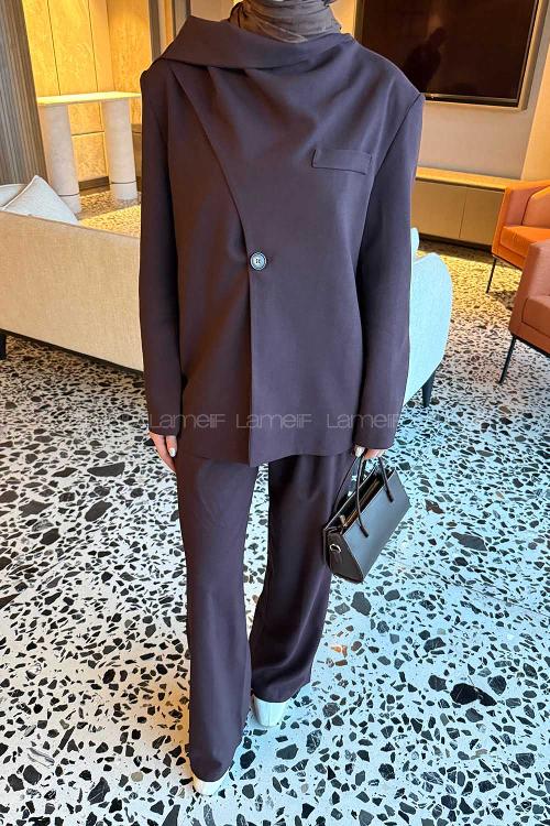 Lamelif Entegre Fularlı Ceket-Pantolon Takım Mürdüm