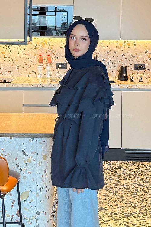 Lamelif Geniş Katlı Yakalı Gömlek Lacivert