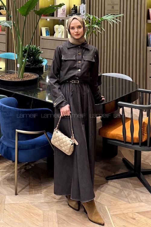 Dark Brown Crew Neck Long Arm Belted Denim Suit