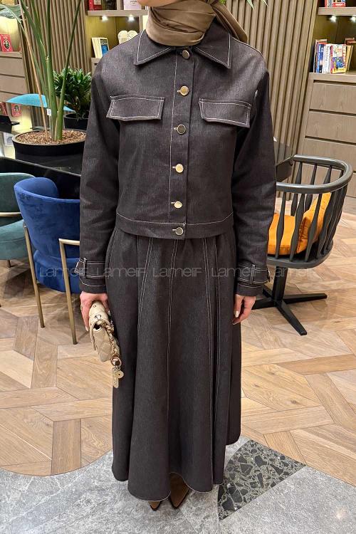 Dark Brown Crew Neck Long Arm Belted Denim Suit