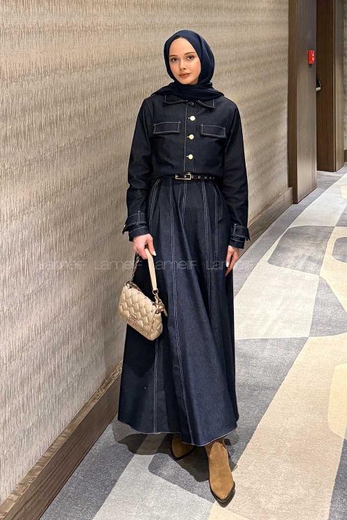 Dark Blue Crew Neck Long Arm Belted Denim Suit