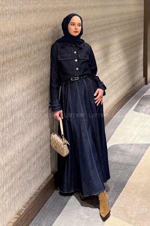 Dark Blue Crew Neck Long Arm Belted Denim Suit