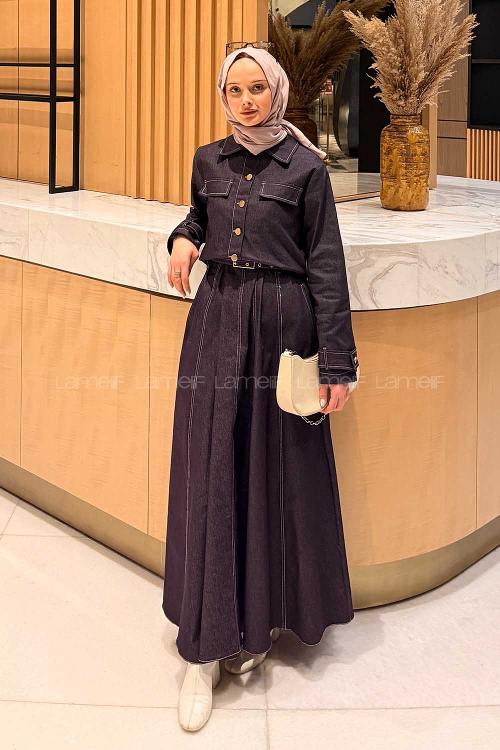 Purble Crew Neck Long Arm Belted Denim Suit