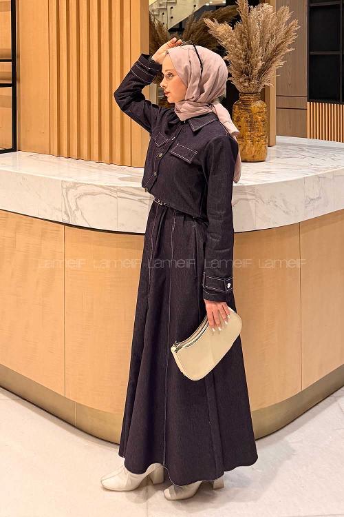 Purble Crew Neck Long Arm Belted Denim Suit
