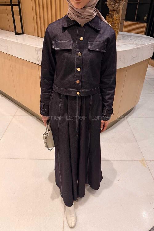 Purble Crew Neck Long Arm Belted Denim Suit