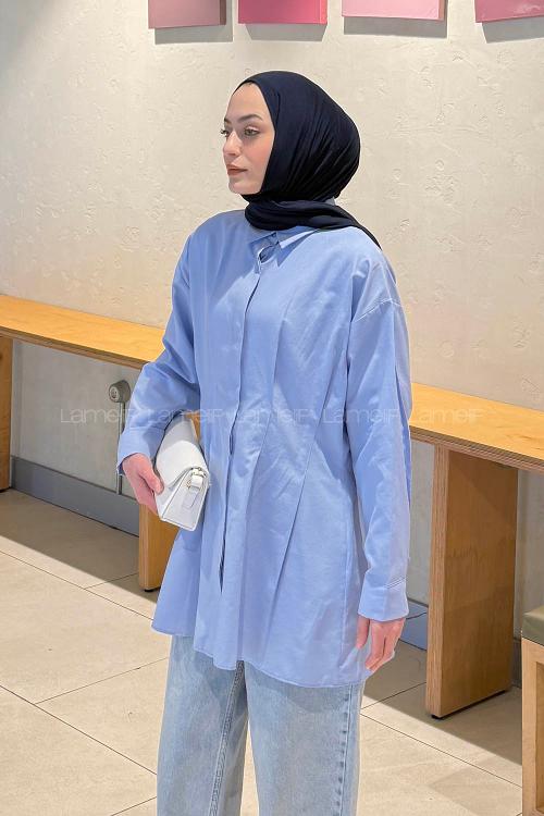 Lamelif Ön Pile Detaylı Gömlek Mavi