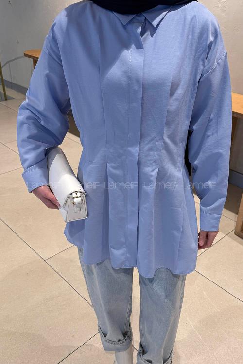 Lamelif Ön Pile Detaylı Gömlek Mavi