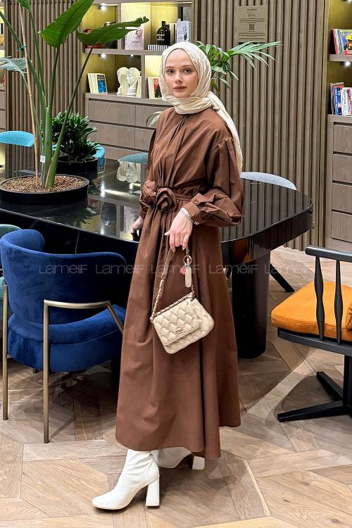 Lamelif Pileli Poplin Elbise Acı Kahve