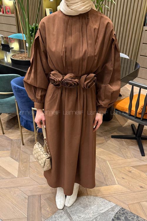 Lamelif Pileli Poplin Elbise Acı Kahve