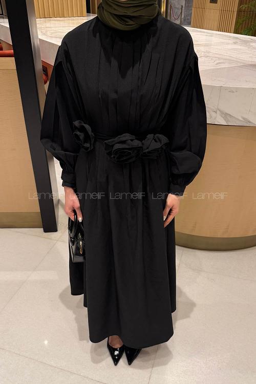 Lamelif Pileli Poplin Elbise Siyah