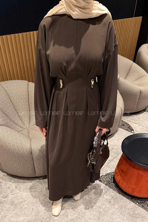 Lamelif Aksesuar Detaylı Tesettür Elbise Acı Kahve