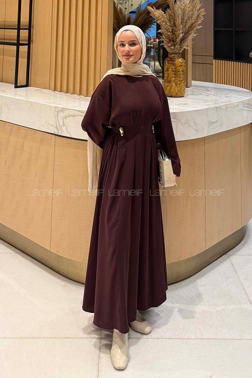 Lamelif Aksesuar Detaylı Tesettür Elbise Bordo