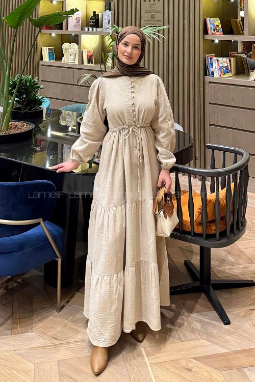Lamelif Bel Büzgülü Tesettür Elbise  Sütlü Kahve