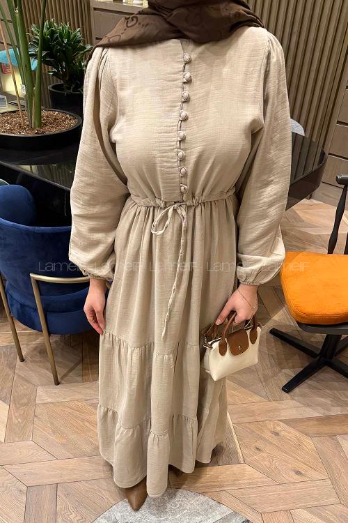 Lamelif Bel Büzgülü Tesettür Elbise  Sütlü Kahve