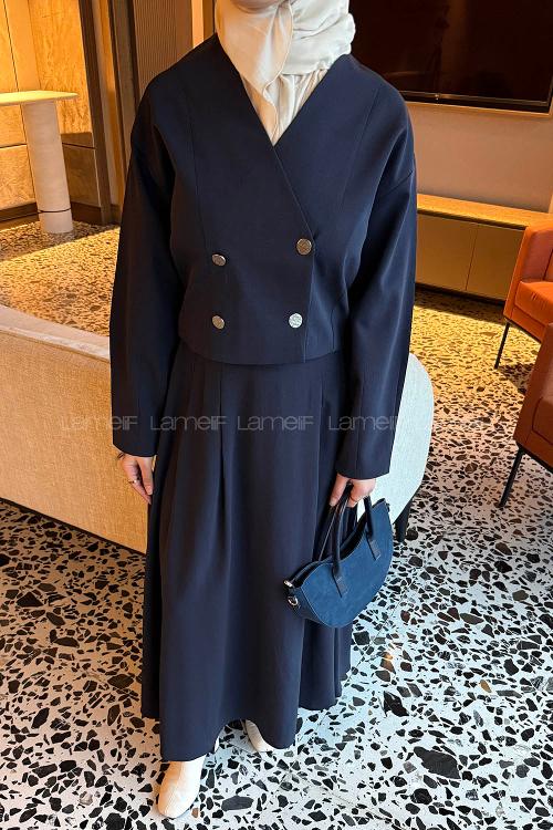 Lamelif Crop Ceket-Etek Takım Lacivert