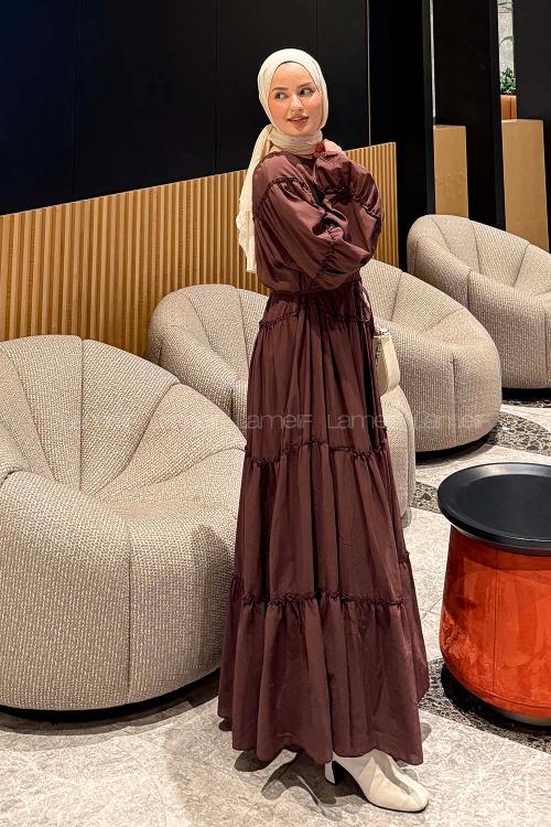 Lamelif Fırfır Detaylı Tesettür Elbise Acı Kahve