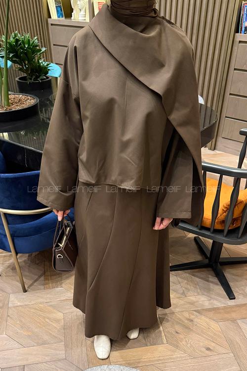 Lamelif Fular Yaka Etekli Takım Acı Kahve
