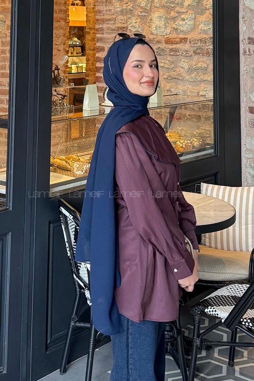 Lamelif Geniş Yakalı Biyeli Gömlek Mürdüm