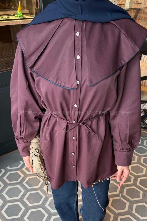 Lamelif Geniş Yakalı Biyeli Gömlek Mürdüm