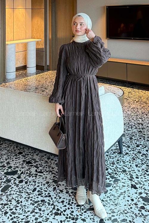 Lamelif Gipeli Modal Tesettür Elbise Acı Kahve