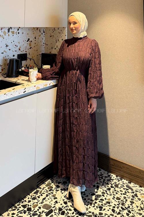 Lamelif Gipeli Modal Tesettür Elbise Mürdüm