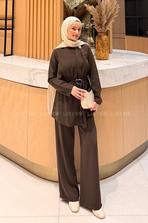 Lamelif Gold Toka Detaylı Tesettür Takım Acı Kahve