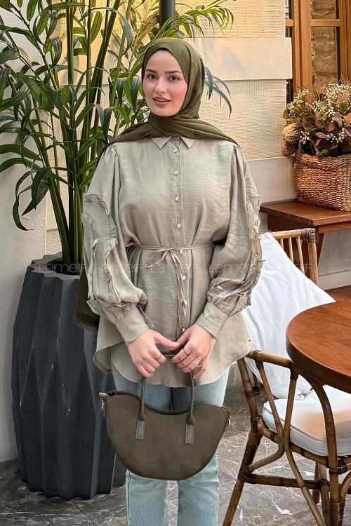 Lamelif Kol Fırfırlı Tesettür Gömlek Haki