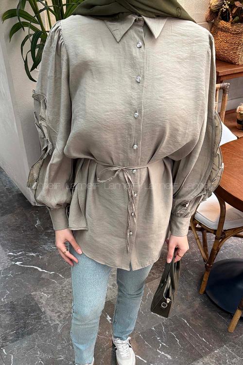 Lamelif Kol Fırfırlı Tesettür Gömlek Haki