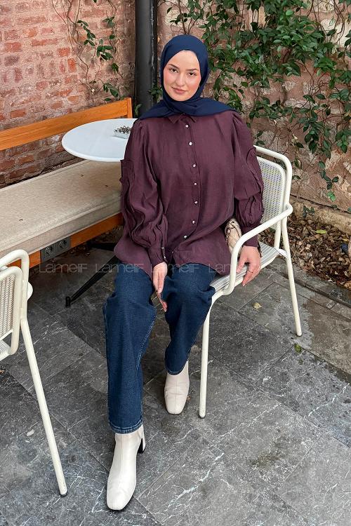 Lamelif Kol Fırfırlı Tesettür Gömlek Mürdüm