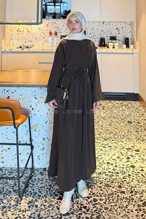 Lamelif Nora Bağcıklı Tesettür Elbise Acı Kahve