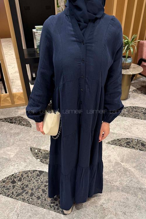 Lamelif Ön Yarım Düğme Detaylı Müslin Kumaş Tesettür Elbise Lacivert