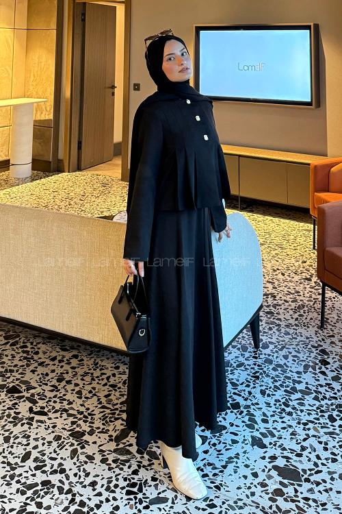 Lamelif Pile Detaylı Ceket-Etek Takım Siyah