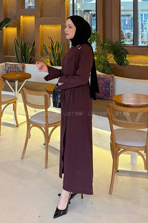 Lamelif Broş Detaylı Tesettür Elbise Bordo