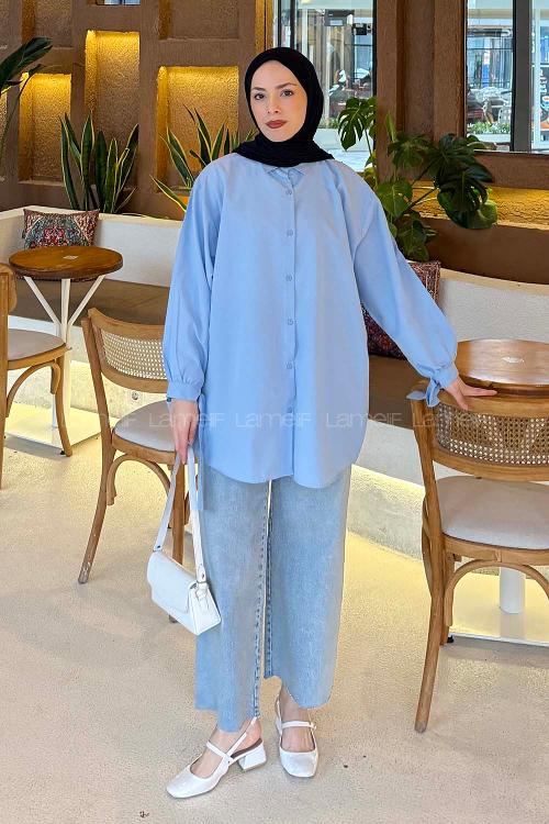 Lamelif Kol Detaylı Gömlek Bebe Mavisi