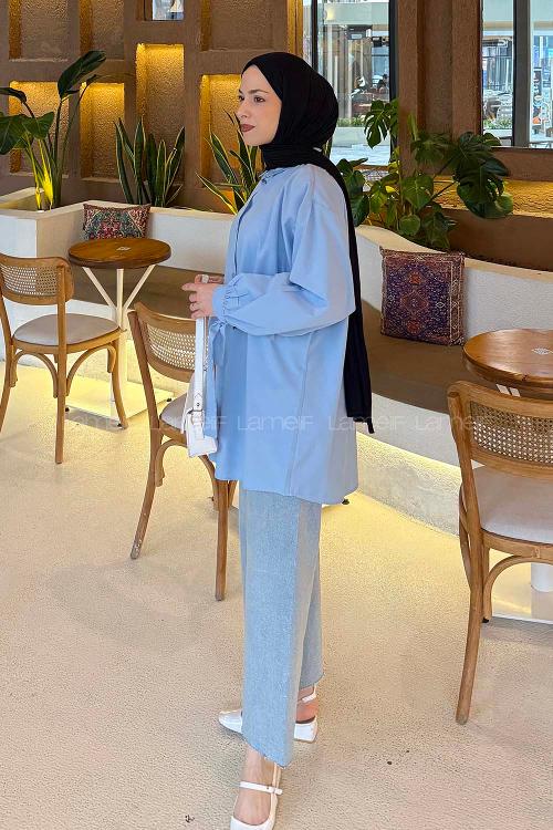 Lamelif Kol Detaylı Gömlek Bebe Mavisi