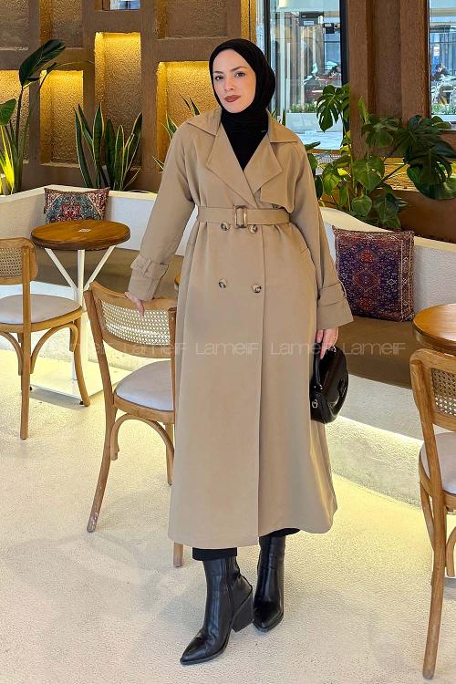 Lamelif Kol Kemerli Trençkot Camel