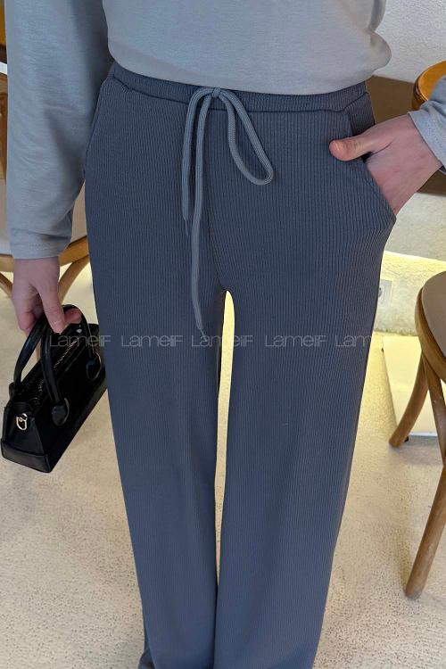 Lamelif Örgü Kumaş Geniş Paça Eşofman Gri