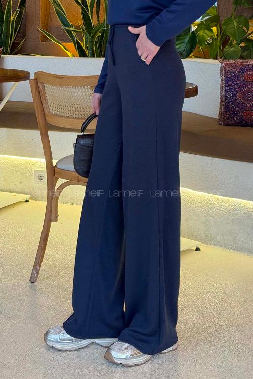 Lamelif Örgü Kumaş Geniş Paça Eşofman Lacivert