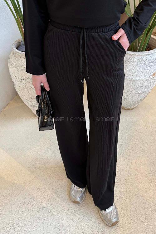 Lamelif Örgü Kumaş Geniş Paça Eşofman Siyah