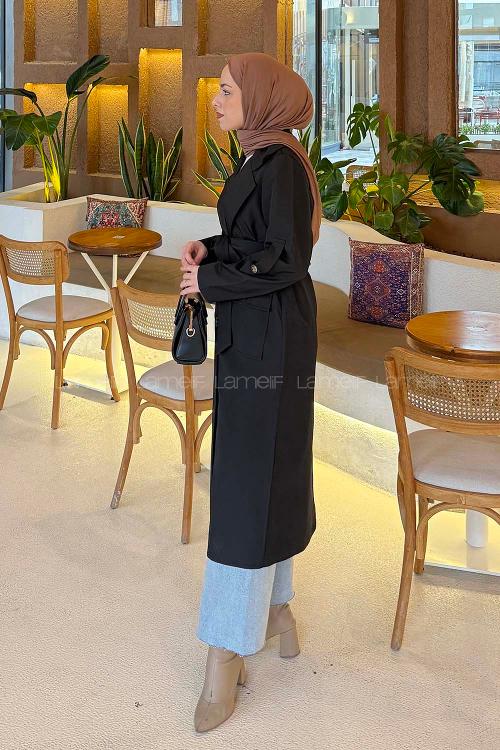 Lamelif Pelican Ön Düğmeli Trençkot Siyah