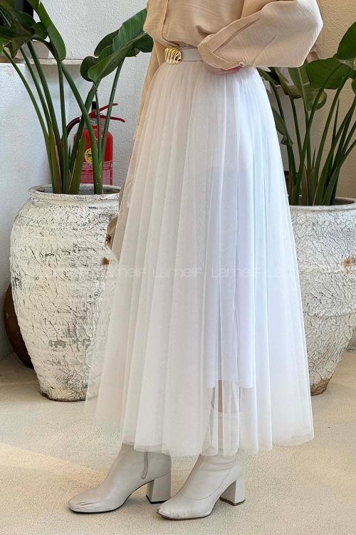 Lamelif Pileli Kemerli Tül Etek Beyaz