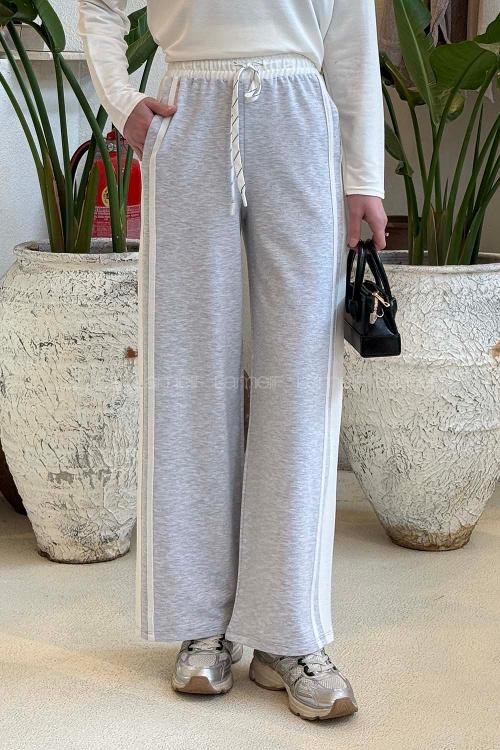 Lamelif Şeritli Geniş Paça Eşofman Gri