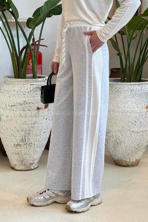 Lamelif Şeritli Geniş Paça Eşofman Gri