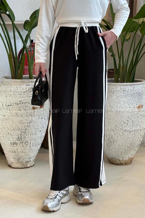 Lamelif Şeritli Geniş Paça Eşofman Siyah