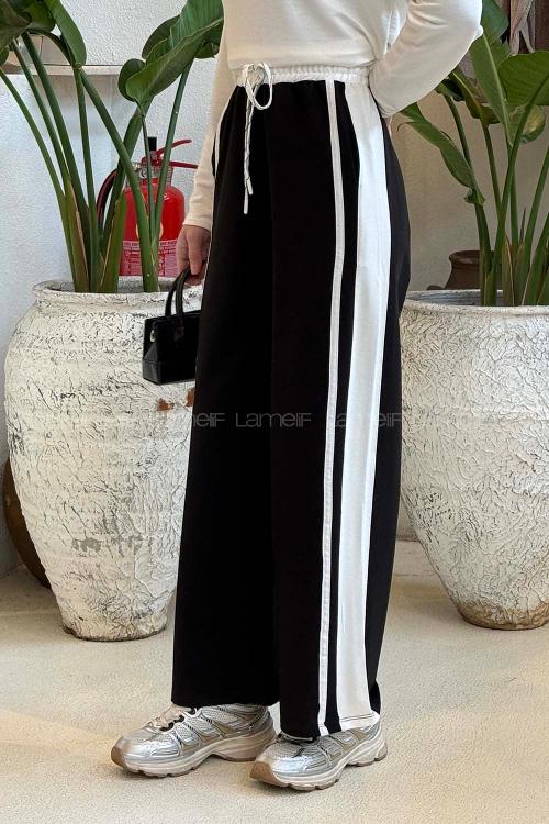 Lamelif Şeritli Geniş Paça Eşofman Siyah