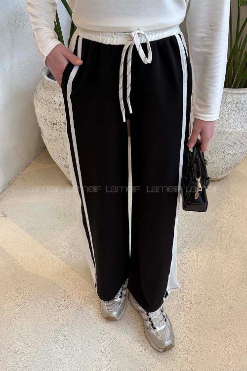 Lamelif Şeritli Geniş Paça Eşofman Siyah