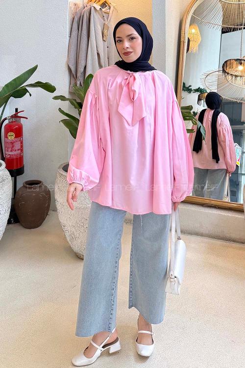 Candy Pink Turtle Neck Long Arm Poplin Fabric Shirt